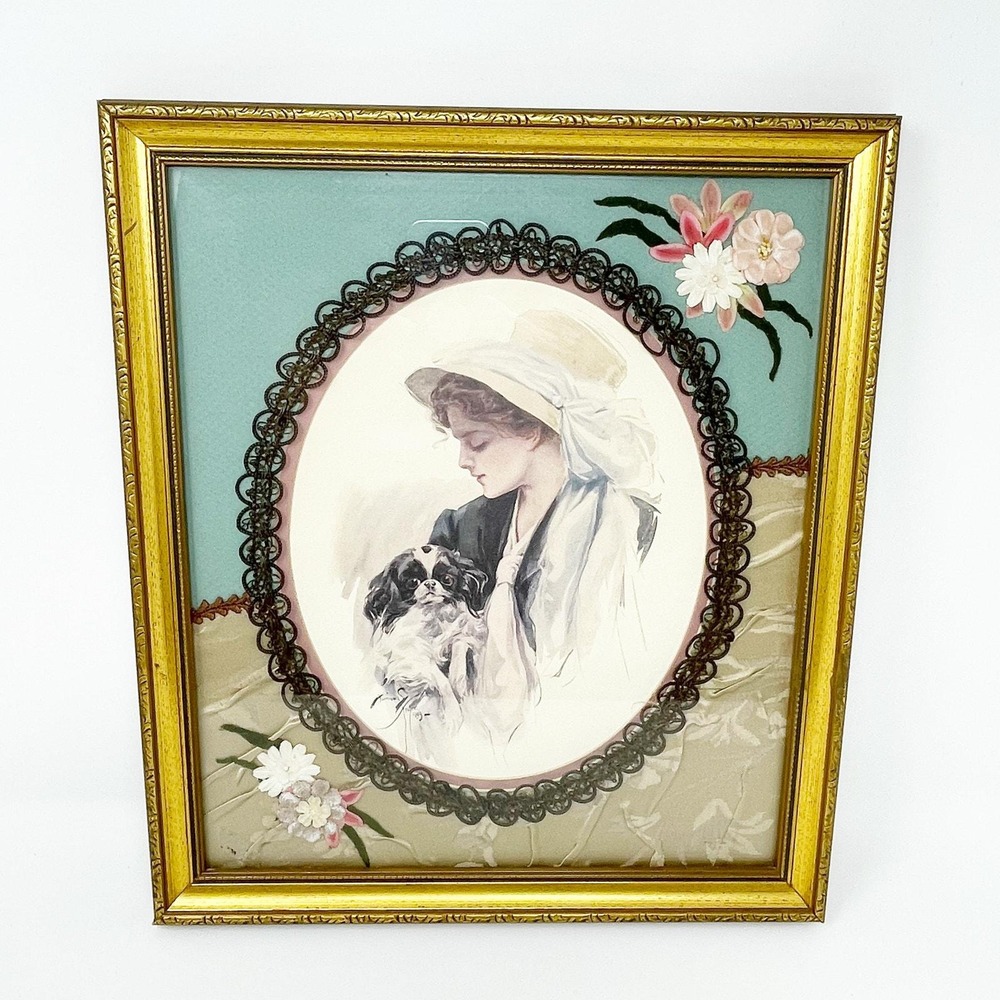 Vintage Harrison Fisher Signed Print Behind Glass w Chenille Flowers Fabric OOAK
